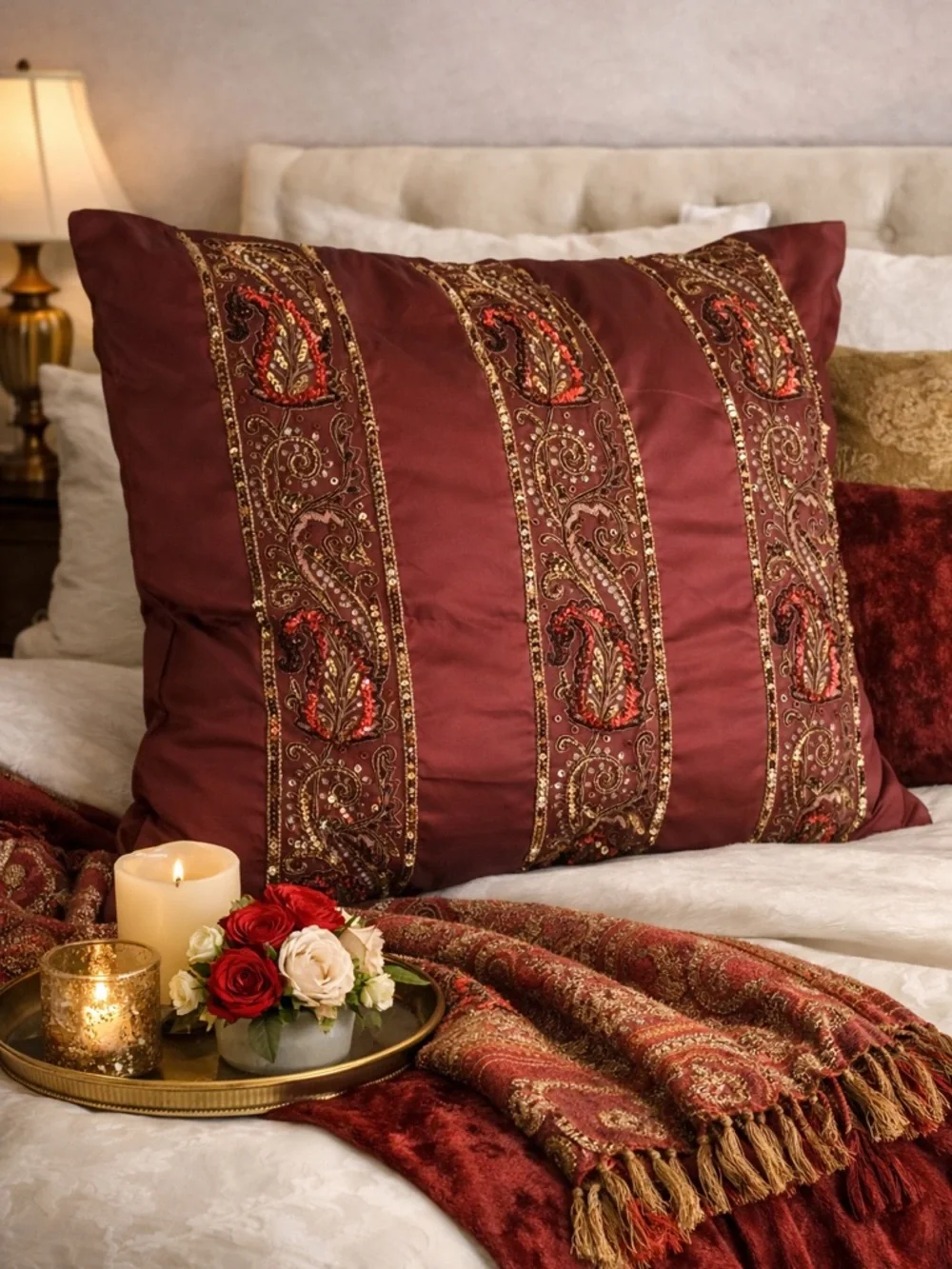 Kreations Oversized Pillow with Exquisite Gold Sequin Beads Embroidery NWT